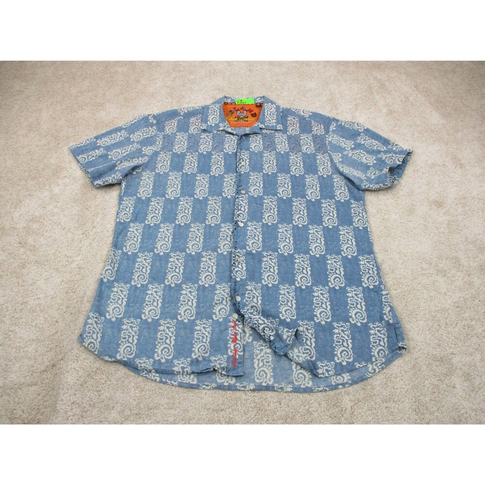Robert Graham Shirt Mens XL Blue White Hawaiian Island Madness Camp Button Up